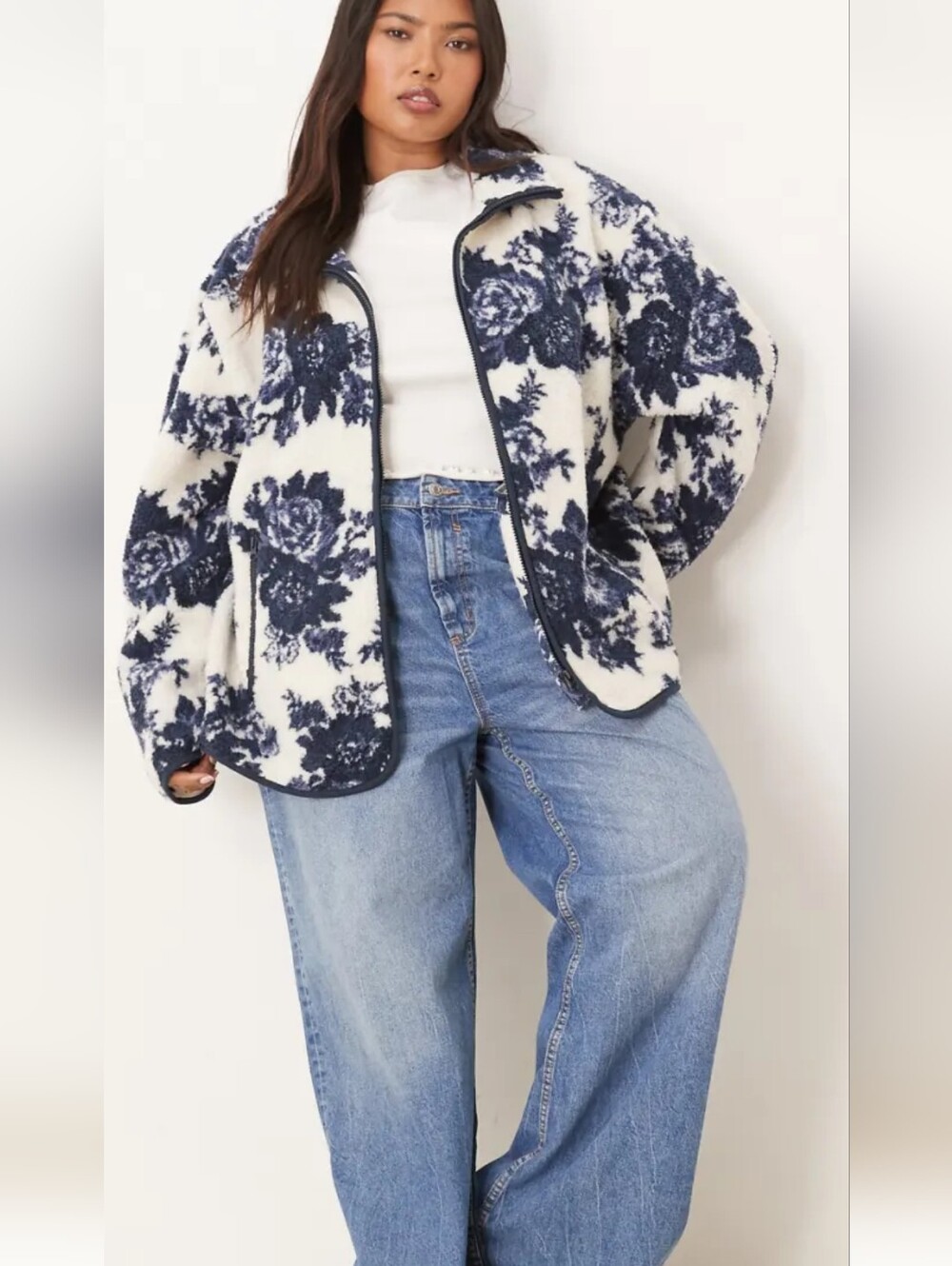 ASOS Design Curve Zip Up Borg Fleece In Navy & Cream Floral Design